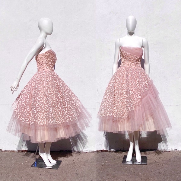 Vintage 1950s Powder Pink Lace & Tulle Party Dress Ribbon Embroidery 50s Prom Dress S