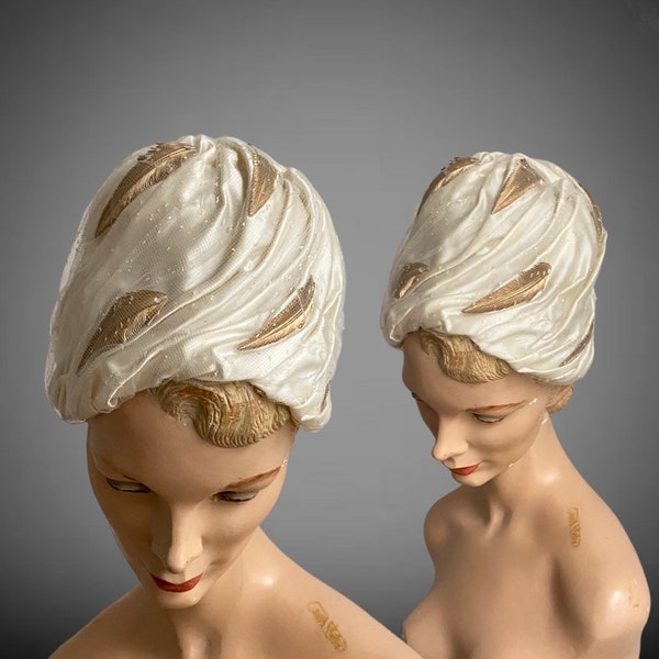 Vintage 1960s Ivory Satin Gold Leaves Mesh Turban Cloche Hat