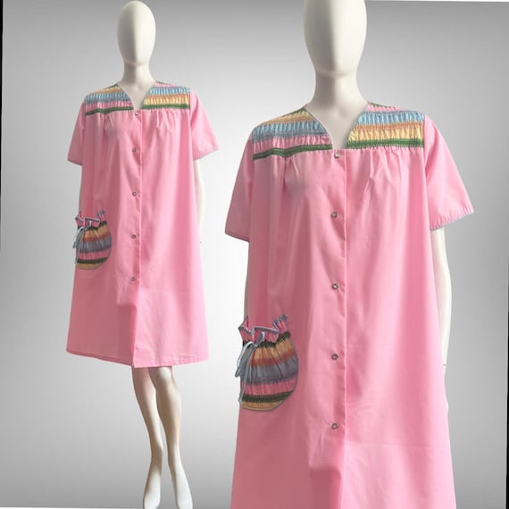 Vintage 1960s Pink Smocked Stripes Lounge Dress H… - image 1