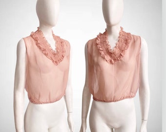 Vintage 1930s Pale Antique Pink Sheer Mesh Ruffled Shell Top M