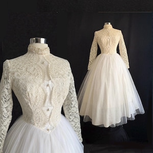 ヴィンテージ 1950年代 アイボリー＆フローラル レース レイヤード ウェディングドレス フルスカート 50年代 花嫁 S