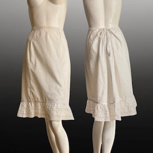 Antique Edwardian Ivory Cotton Lace Flounce Skirt Drawstring Petticoat M