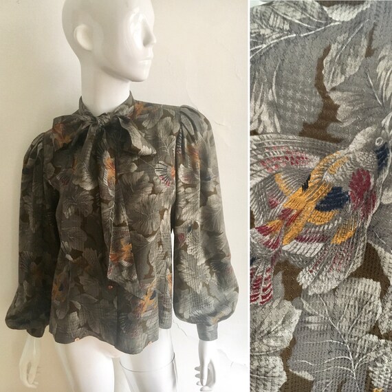 1970s EMANUEL UNGARO Silk Autumn Print Pussy Bow B