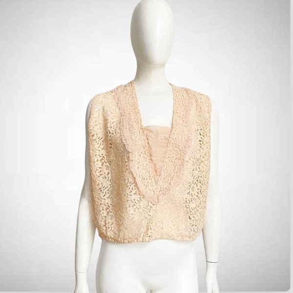 Vintage 1930s Soft Beige Lace Sheer Mesh Ruffled Pleated Shell Top XL