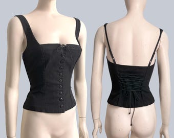 Vintage 1990-tals BETSEY JOHNSON svart stretchig bomullsbustierkorsett med snörning S