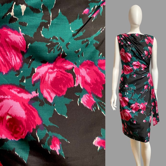 Vintage 1950s 60s Silk Rose Print Cocktail Wiggle… - image 3