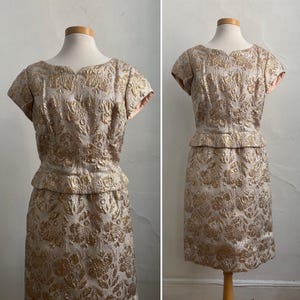 Vintage 1950s Metallic Gold Brokat Cocktail Kleid L