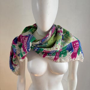 Vintage 1940s Colorful Novelty Print Artist Park Print Large Square Silk 40s Scarf