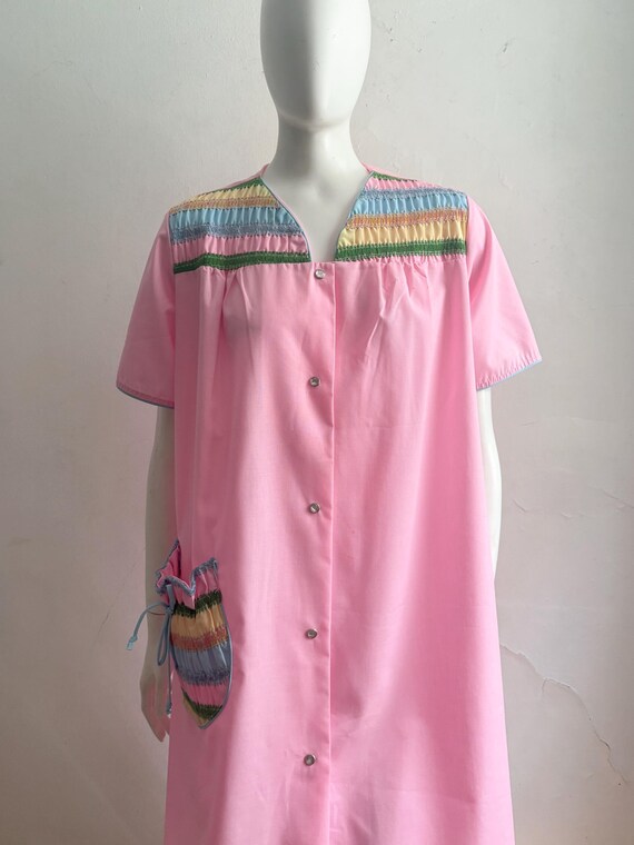 Vintage 1960s Pink Smocked Stripes Lounge Dress H… - image 3