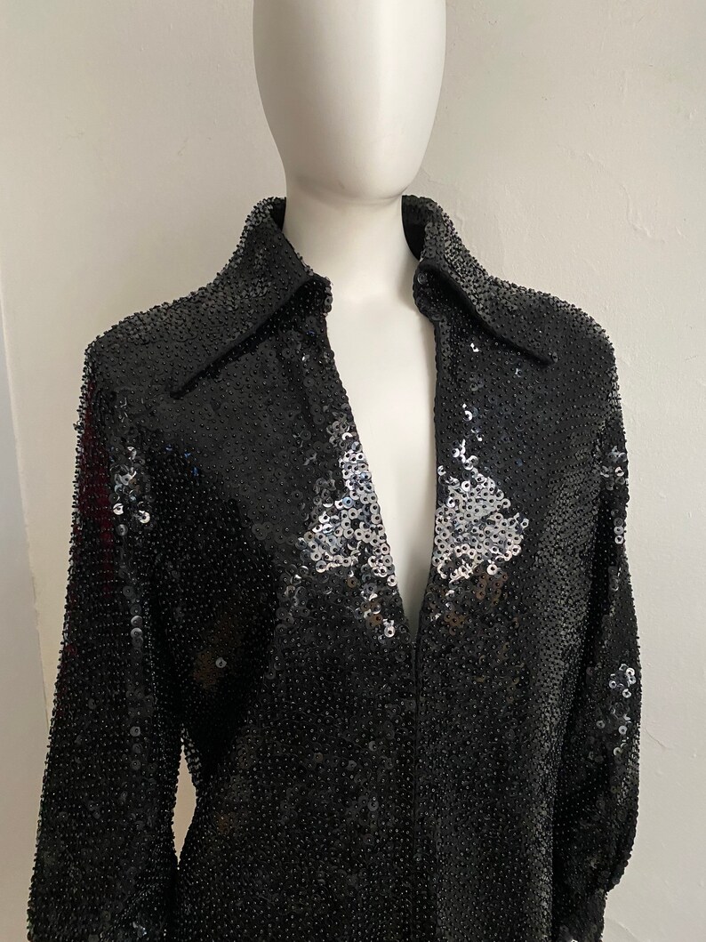 1960s VALENTINA Black Sequined Tunic Mod Blouse M