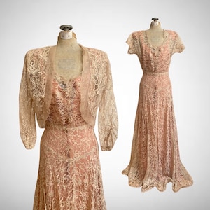Vintage Antique 1930s Pale Gold Lace 2pc Evening Dress & Bolero S