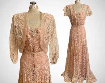 Vintage Antique 1930s Pale Gold Lace 2pc Evening Dress & Bolero S