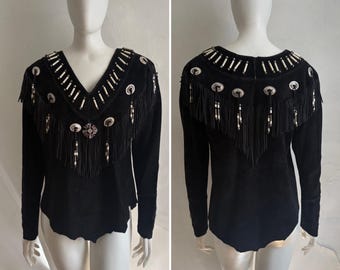 Vintage 1980s REN ELLIS Black Suede Fringe Beading Concho Westernwear Top Sz L