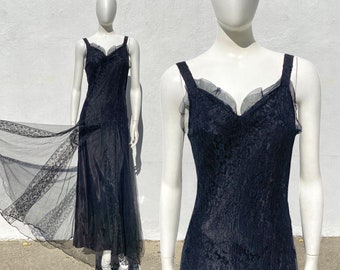 Vintage Antique 1930s Black lace Paneled Evening Dress 30s Gown S