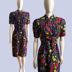 Vintage 1940s Artistic Floral Garden Print Rayon Tie Bust Day Dress M