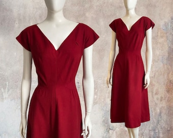 Vintage 1950s PAULINE TRIGERE Deep Crimson Fine Wool Cocktail Dress S