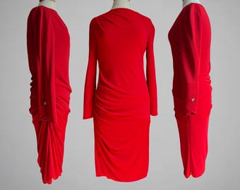 1990s GIORGIO ARMANI Red Rayon Draped Cocktail Dress M