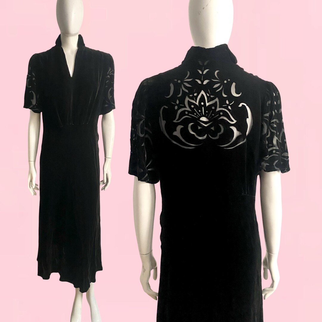 Vintage 1930s Burnout Velvet Dress Ink Black Geometric Deco Floral ...