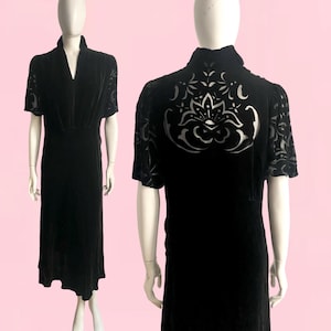 1930s Burnout Velvet Dress Ink Black Geometric Deco Floral Devore Velvet Plus Size 30s Dress