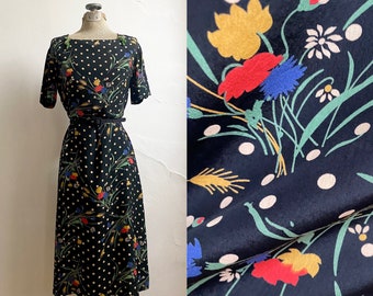 Vintage 1940s Rayon Floral Polka Dot Charming Dress S