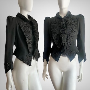 Antique Edwardian Black Silk Jeweled Embellished Lace Ruffled Jacket M
