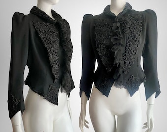 Antique Edwardian Black Silk Jeweled Embellished Lace Ruffled Jacket M