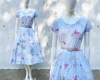 Vintage 1950s Butterflies & Leaves Duck Egg Blue Cotton Full Skirt S 50s Dress