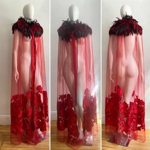 Vintage 1990s Diva Vampire Feathered shops Sheer Embroidered Cape