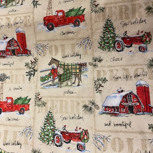Red Truck Horse Red Tractor Country Christmas Fabric 1/2 yard David Textiles