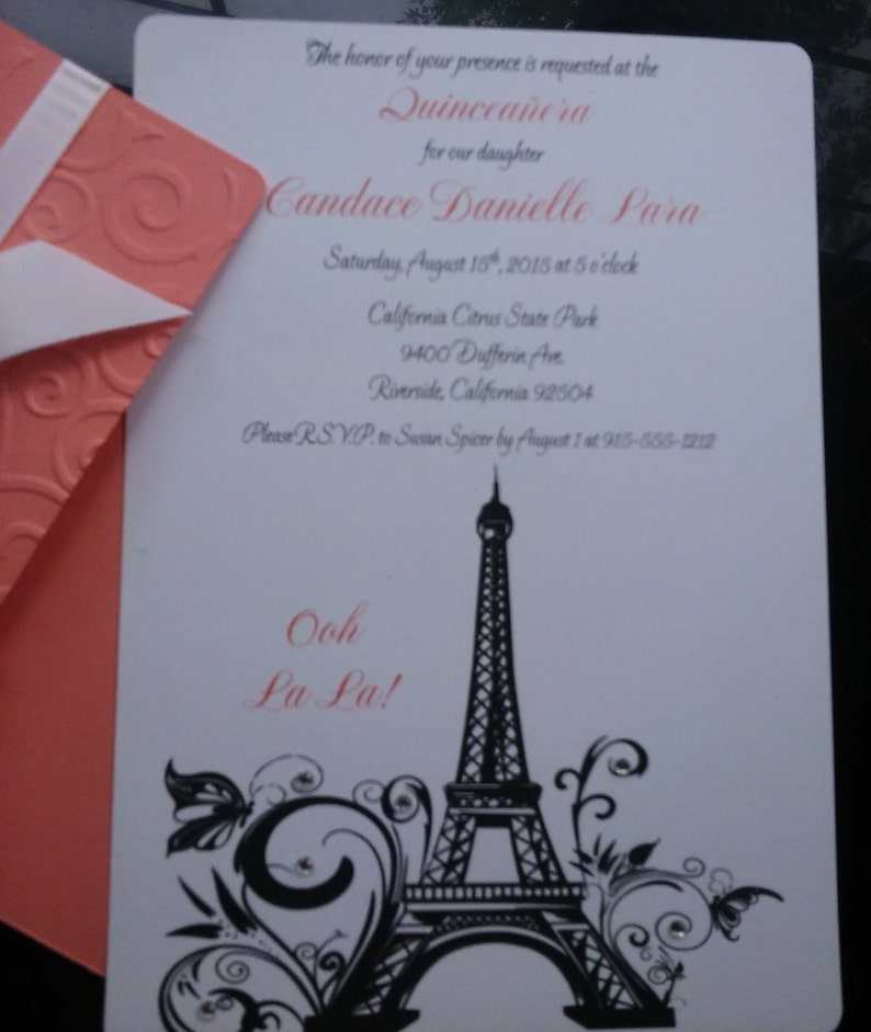 Parisian Sweet 16 Quincea\u00f1era Invitations Paris French Eiffel Tower Coral Salmon Romantic