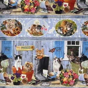 May include: A colorful fabric with a repeating pattern of kittens in various poses. The kittens are surrounded by flowers, gardening tools, and other garden-themed elements. The fabric has a blue and white striped background.