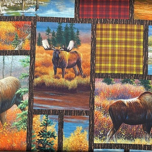 May include: A collage of images featuring moose in a woodland setting. The images are arranged in a grid pattern and feature different scenes, including a moose standing in a field, a moose walking through a forest, and a moose standing in a river. The images are all in a rustic style and feature warm colors.