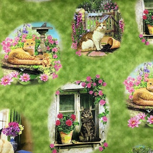 Fancy Felines on Green - Cat Fabric - Animal Fabric - CAT-50