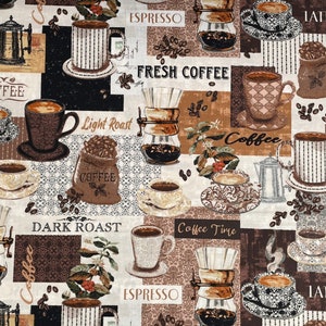 May include: A colorful fabric with a coffee theme. The fabric features images of coffee beans, coffee cups, coffee pots, and coffee bags. The fabric also includes the words "Coffee", "Espresso", "Latte", "Light Roast", "Dark Roast", and "Coffee Time".