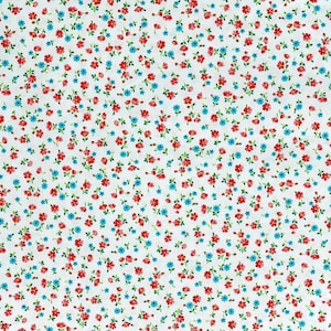 May include: White fabric with a repeating pattern of small red and blue flowers.