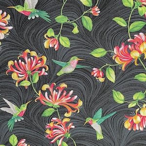 Hummingbird and Honeysuckle Black - Cotton Hummingbird Fabric - BIRD-78
