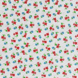 May include: White fabric with a repeating pattern of small red, blue, and green flowers. The flowers are arranged in a grid pattern.