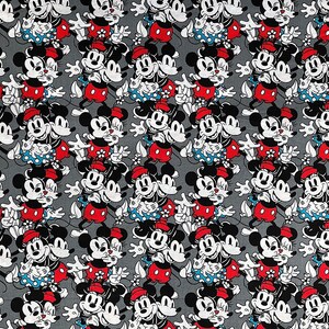 May include: A gray fabric with a repeating pattern of Mickey Mouse and Minnie Mouse. The characters are in black and white with red accents. The background is a solid gray.