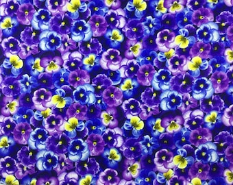 Purple, Blue and Yellow Pansy Fabric - Packed Pansies Purple - FL-168
