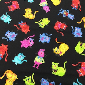 May include: A black background with a colorful pattern of cats in various poses. The cats are all different colors and have different expressions on their faces. Some of the cats are wearing bows or other accessories.