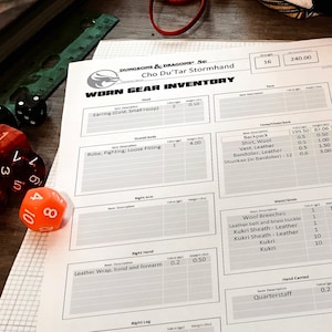 May include: A black and white character sheet for a tabletop role-playing game. The sheet is titled "Worn Gear Inventory" and includes sections for different types of gear, such as weapons, armor, and clothing. The sheet also includes columns for the item's name, weight, value, and volume. The sheet is filled out with various items, including a leather wrap, a quarterstaff, and a leather boot.