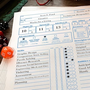 May include: A character sheet for a tabletop role-playing game. The sheet is filled out with information about the character, including their name, skills, and abilities. The character's name is Scott E. Pond, and they are a Technician (Responder).