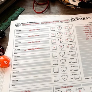 May include: A black and white combat tracker sheet with a grid pattern. The sheet has spaces for character names, hit points, armor class, initiative, passive perception, and notes. The sheet is labeled "COMBAT TRACKER".