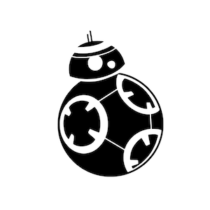 May include: Black and white silhouette of a spherical robot with a dome-shaped head and multiple circular panels.