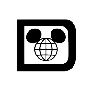 May include: Black and white logo with a stylized Mickey Mouse head and a globe inside a square with the letter "D" on the right side.