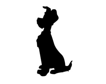May include: A black silhouette of a dog in a sitting position, with its head and ears raised. The dog's tail is slightly curled. The image is set against a plain white background.