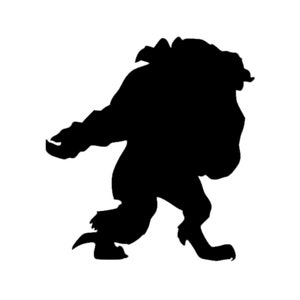 May include: Silhouette of a large, hairy, mythical creature with a hunched back and clawed hands and feet. The creature is walking forward with its head turned to the side.
