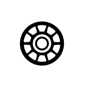 May include: Black and white illustration of a circular design with a smaller circle in the center. The design resembles a gear or a wheel with spokes.