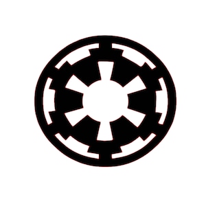 May include: Black and white symbol of the Galactic Empire from Star Wars. The symbol is a circle with a central star shape and a ring of smaller stars around it.
