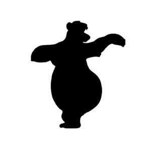 May include: A solid black silhouette of a bear standing upright. The bear is depicted in a dynamic pose with its arms extended outward to the sides, showcasing a rounded belly and a distinct head shape against a plain white background.